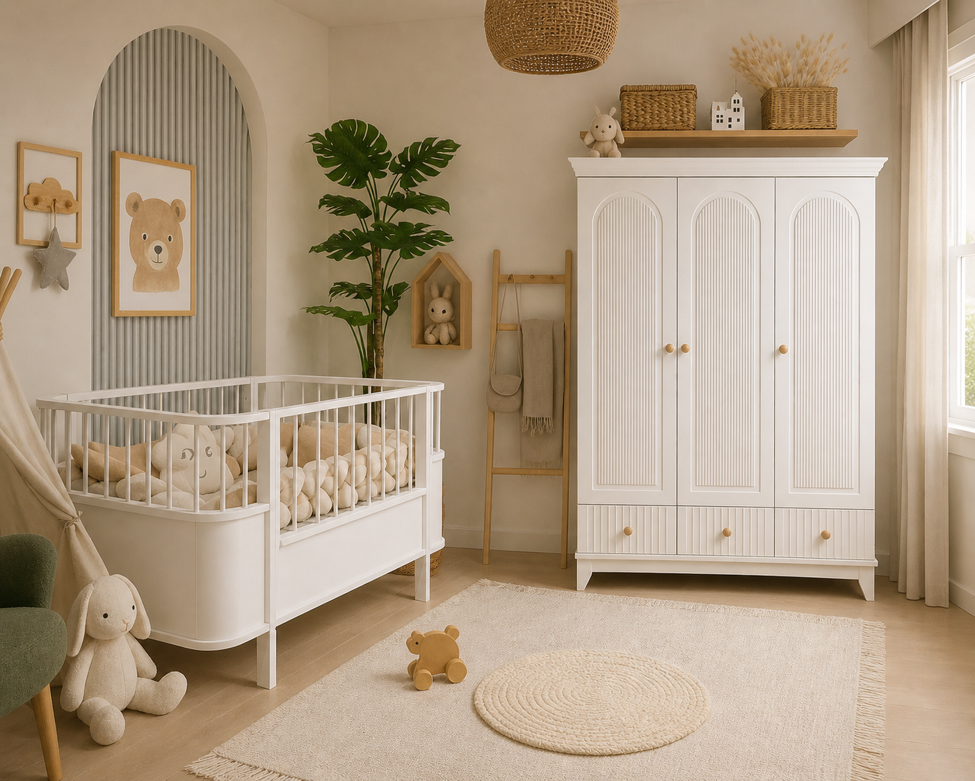 Minimo %100 MDF Bohem 3 Kapılı Gardırop & %100 MDF Bohem 80x130 ( 80x180) Sabit Büyüyen Beşik