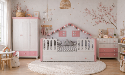 Minimo %100 MDF Bohem Maxi Bebek & Çocuk Odası Takımı 3 Kapılı Dolap&90x190 Duvar Çatılı Karyola&Şifonyer