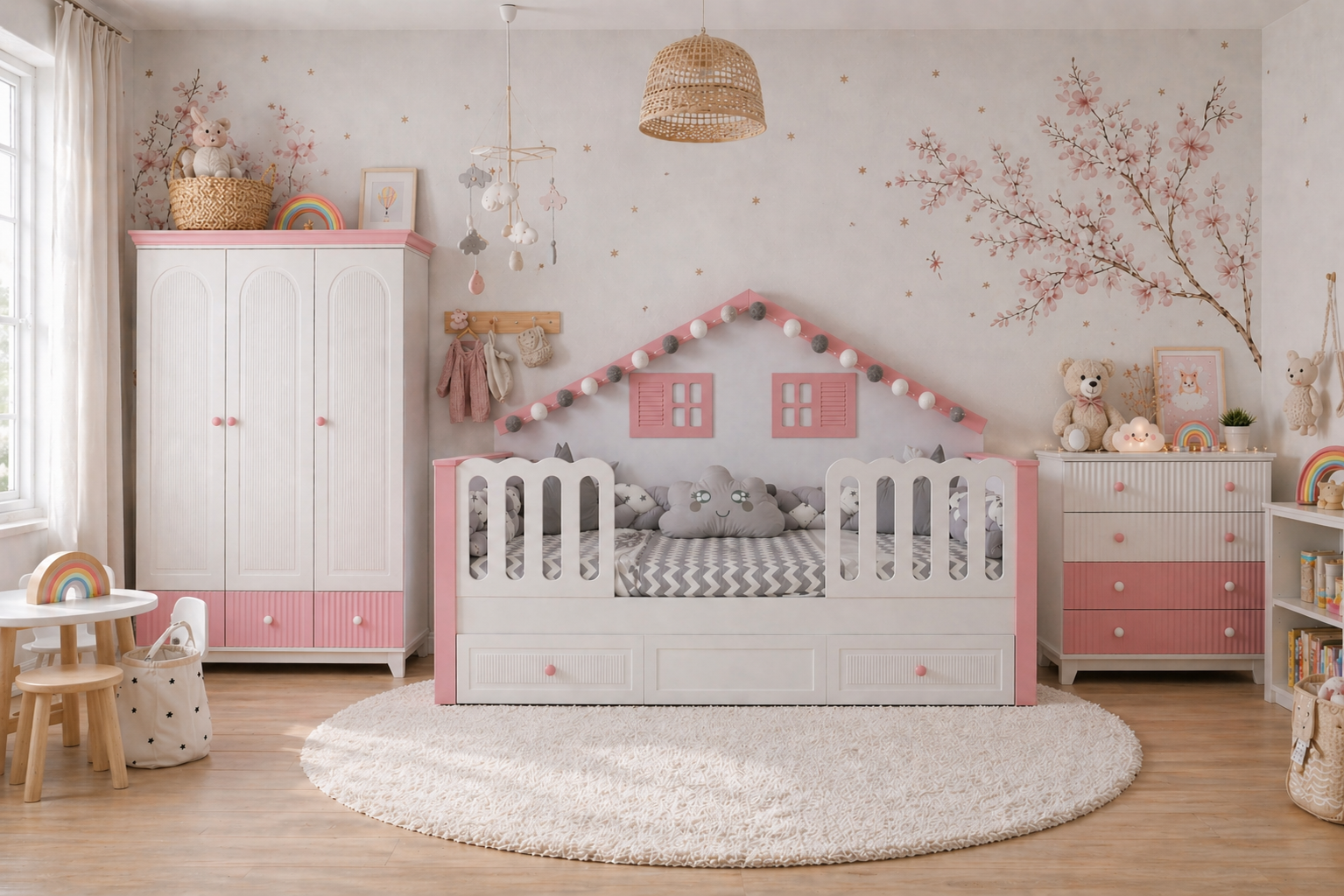 Minimo %100 MDF Bohem Maxi Bebek & Çocuk Odası Takımı 3 Kapılı Dolap&90x190 Duvar Çatılı Karyola&Şifonyer