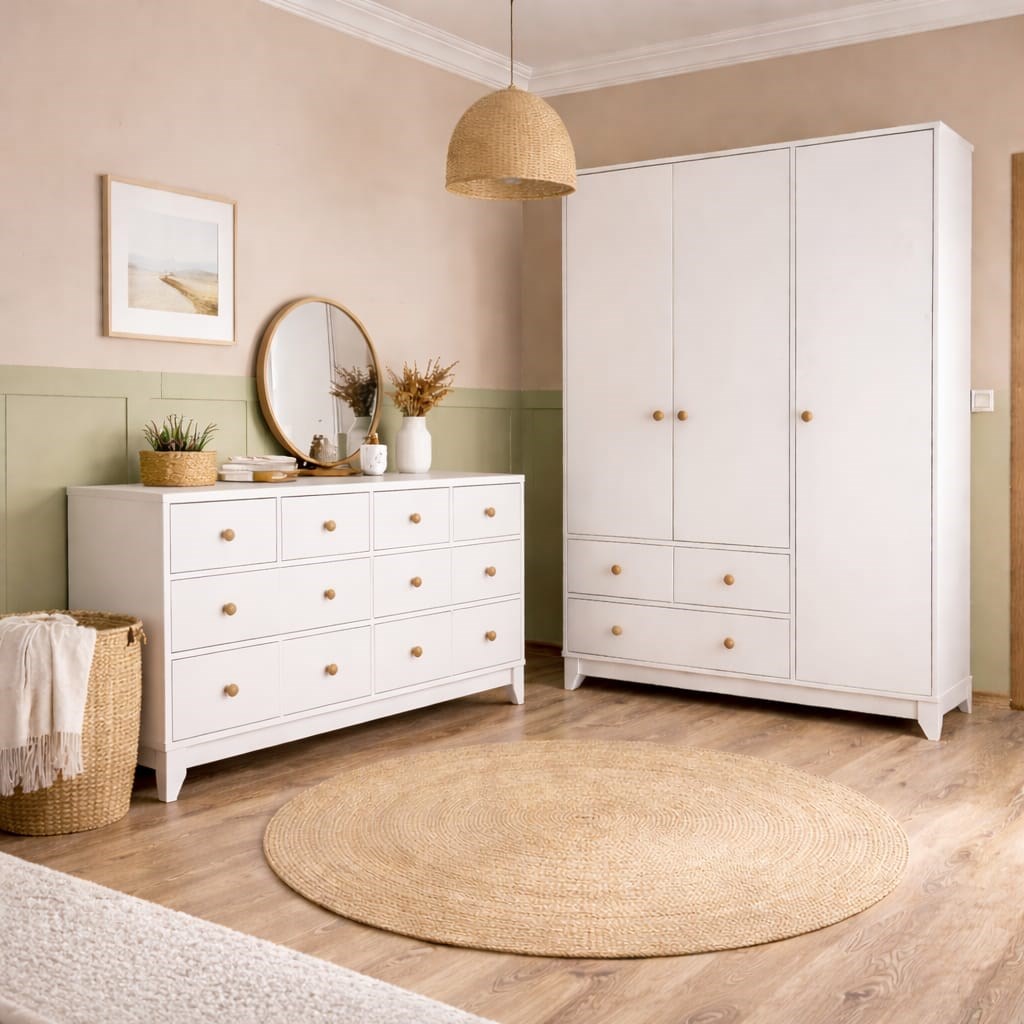 Minimo %100 MDF Bonnie 3 Kapılı Dolap & 8 Çekmeceli Şifonyer