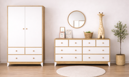 Minimo %100 MDF Bonnie Ahşap Beyaz 2 Kapılı Dolap & %100 MDF Bonnie Ahşap Beyaz 8 Çekmeceli Şİfonyer