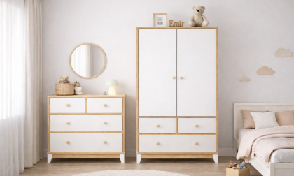 Minimo %100 MDF Bonnie Ahşap Beyaz 2 Kapılı Gardırop & Bonnie Ahşap Beyaz 4 Çekmeceli Şifonyer