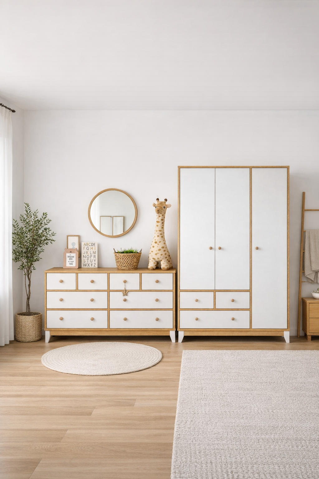 Minimo %100 MDF Bonnie Ahşap Beyaz 3 Kapılı Dolap & 8 Çekmeceli Şifonyer