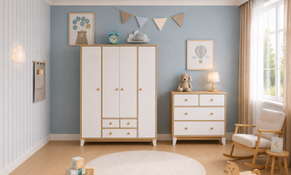 Minimo %100 MDF Bonnie Ahşap Beyaz 4 Kapılı Gardırop & Bonnie Ahşap Beyaz 4 Çekmeceli Şifonyer