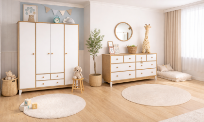 Minimo %100 MDF Bonnie Ahşap Beyaz 4 Kapılı Gardırop & Bonnie Ahşap Beyaz 8 Çekmeceli Şifonyer