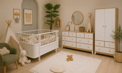 Minimo %100 MDF Bonnie Ahşap Beyaz Mini (Large) Bebek Odası (2 Kapılı Dolap& 8 Çekmece Şifonyer & 80x130 Büyüyen Beşik)