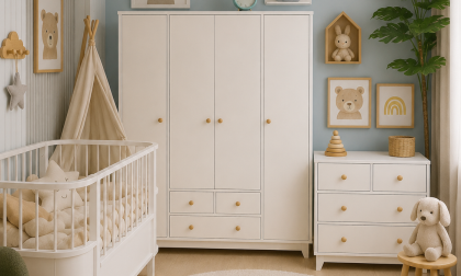Minimo %100 MDF Bonnie Beyaz 4 Kapılı Bebek & Çocuk Gardırop & Bonnie 4 Çekmeceli Şifonyer & 80x130 cm Büyüyen Beşik ( 80x130 )
