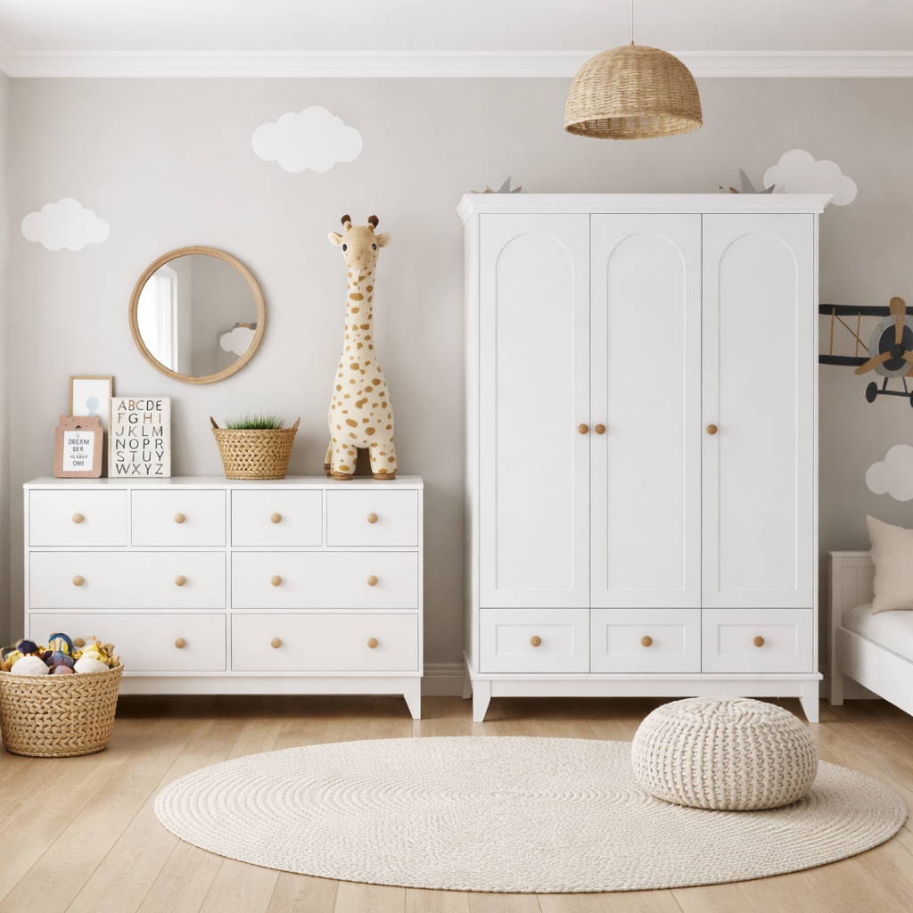 Minimo %100 MDF Düz Desen 3 Kapılı Bebek & Çocuk Gardırop && Bonnie %100 MDF 8 Çekmeceli Şifonyer