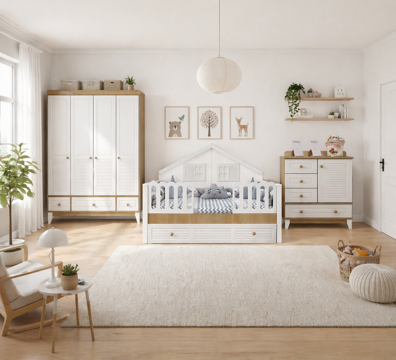 Minimo %100 MDF Panjur Ahşap Beyaz Duvar Çatılı Mega Bebek & Çocuk Odası Takımı