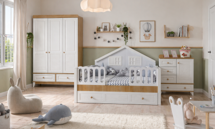Minimo %100 MDF Panjur Ahşap Beyaz Duvar Çatılı Maxi Bebek & Çocuk Odası Takımı