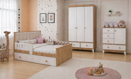 Minimo %100 MDF Panjur Ahşap Beyaz Kapitone Karyola Maxi Bebek Odası Takımı