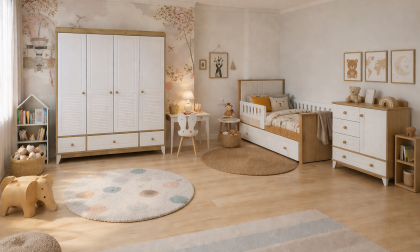 Minimo %100 MDF Panjur Ahşap Beyaz Kapitoneli Karyola Mega Bebek & Çocuk Odası Takımı