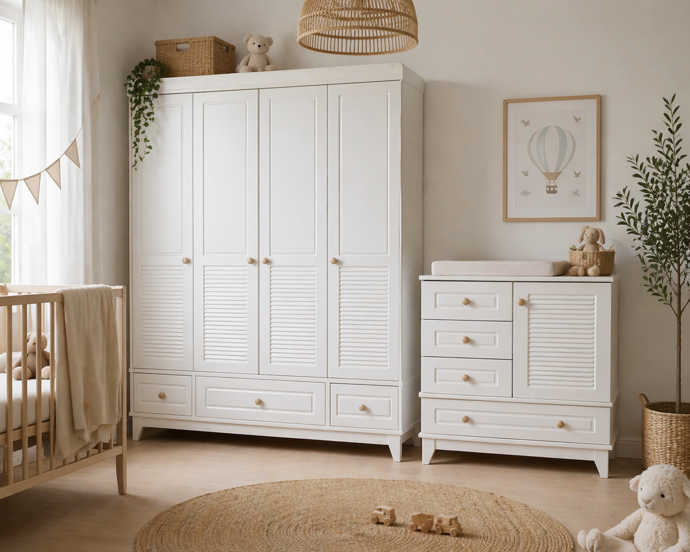 Minimo %100 MDF Panjur Beyaz 4 Kapılı Dolap & Şifonyer