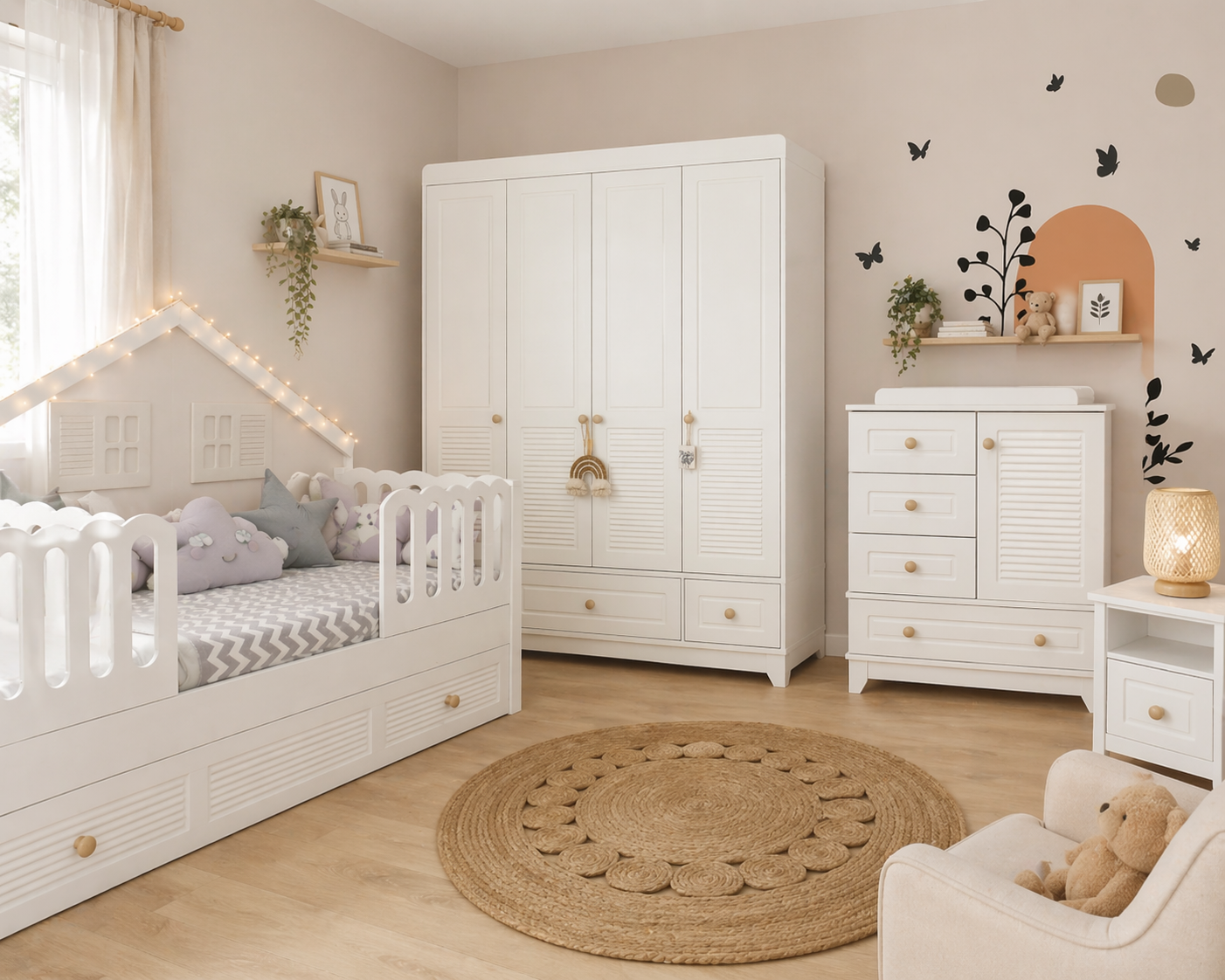 Minimo %100 MDF Panjur Beyaz Duvar Çatılı Mega Bebek Odası Takımı