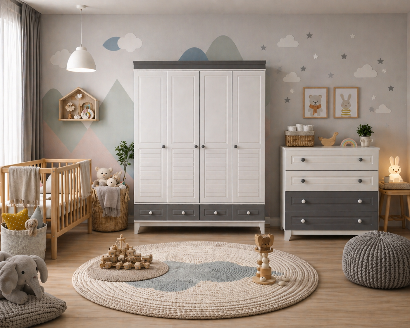 Minimo %100 MDF Stella Gri 4 Kapılı Dolap & Stella Gri 4 Çekmeceli Şİfonyer