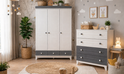 Minimo %100 MDF Stella Gri Beyaz 3 Kapılı Dolap & Stella Gri Beyaz Şifonyer