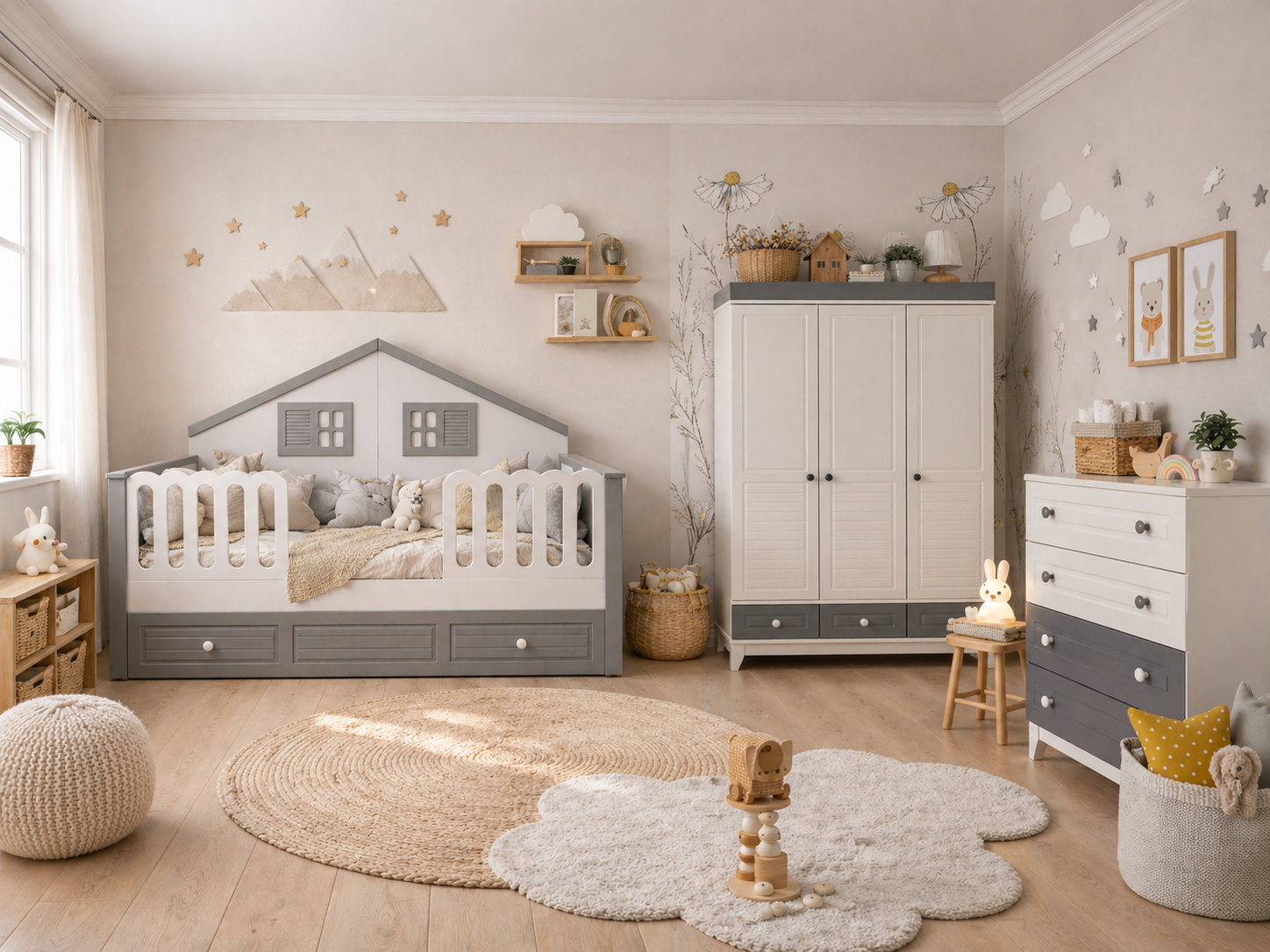 Minimo %100 MDF Stella Gri Maxi Duvar Çatılı Bebek Odası Takımı