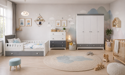Minimo %100 MDF Stella Gri Mega Takım 4 Kapılı Dolap & 90x190 Kapitoneli Yavrulu Karyola & Şİfonyer