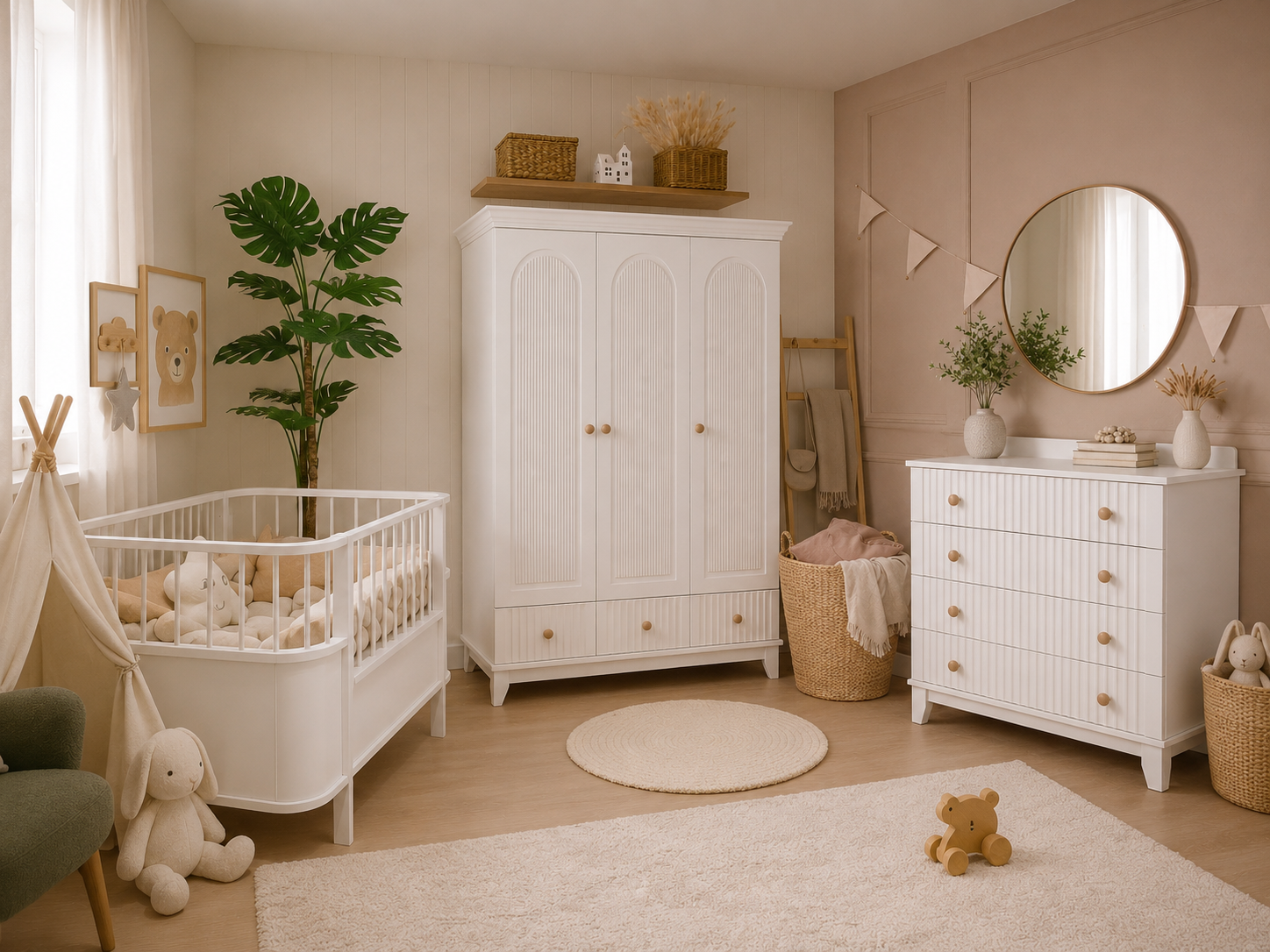 Minimo Bohem %100 MDF Büyüyen Maxi Bebek Odası Takımı ( 3 Kapılı Dolap & Şifonyer & 80x130 Büyüyen Beşik )