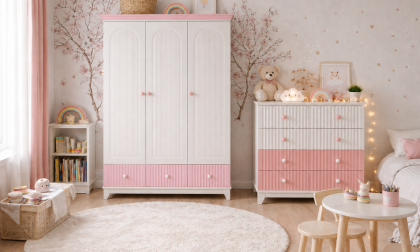 Minimo Bohem %100 MDF Pembe Beyaz 3 Kapılı Dolap & Bohem %100 MDF Pembe Beyaz 4 Çekmeceli Şifonyer