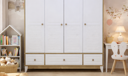 Minimo Panjur Ahşap Beyaz Full MDF 4 Kapılı Bebek & Çocuk Gardırop